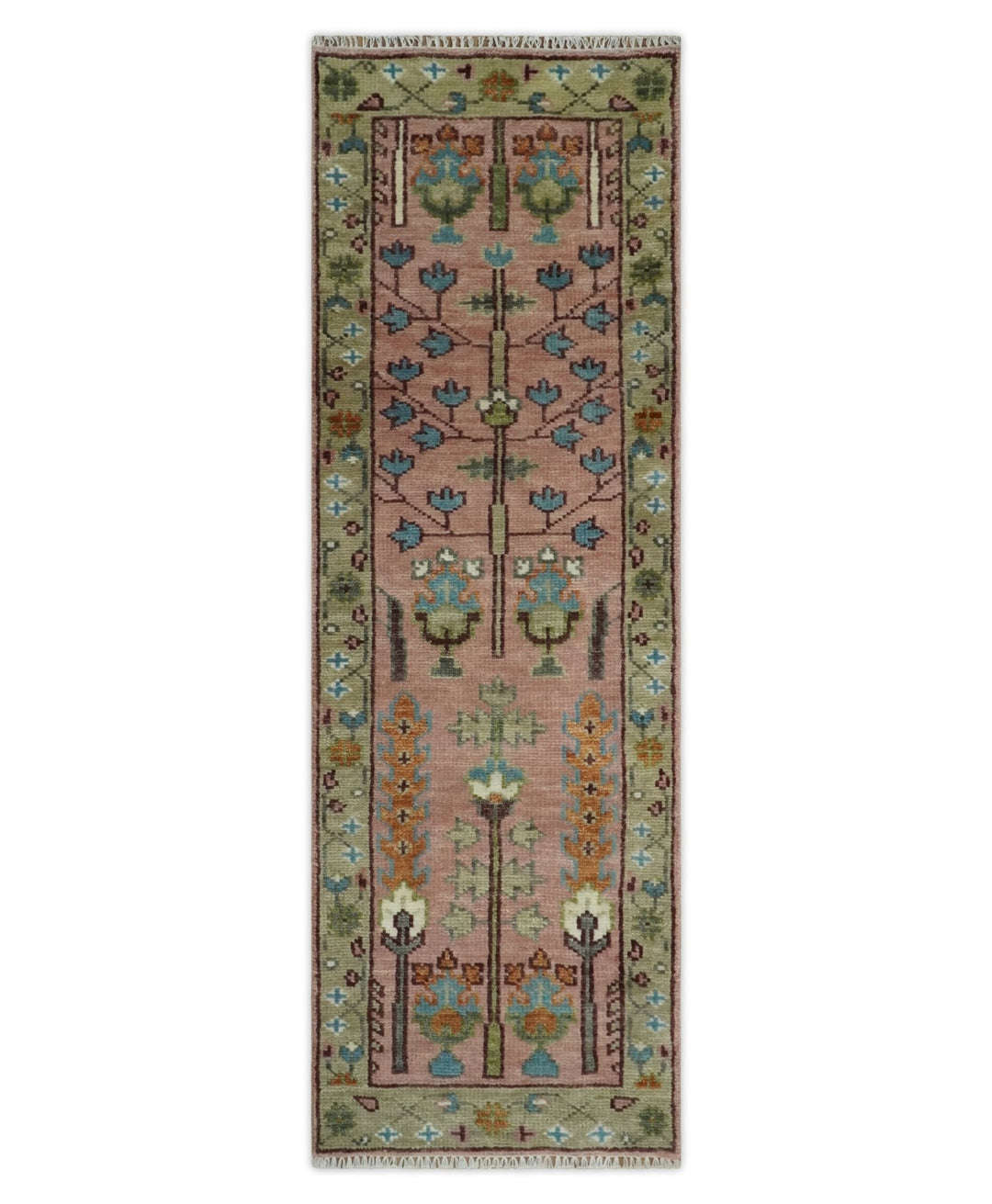 Ready to Ship Pink, Olive and Beige Traditional Vintage Style Tree Wool Rug - The Rug Decor