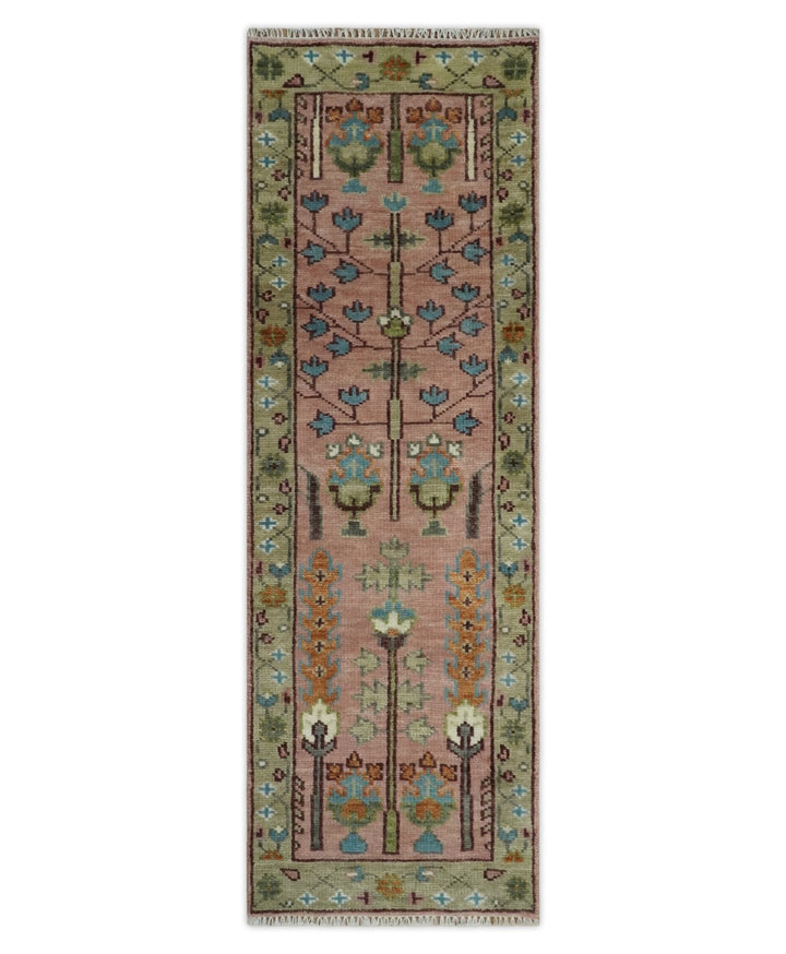 Ready to Ship Pink, Olive and Beige Traditional Vintage Style Tree Wool Rug - The Rug Decor