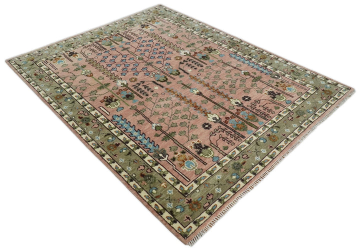 Ready to Ship Pink, Olive and Beige Traditional Vintage Style Tree Wool Rug - The Rug Decor