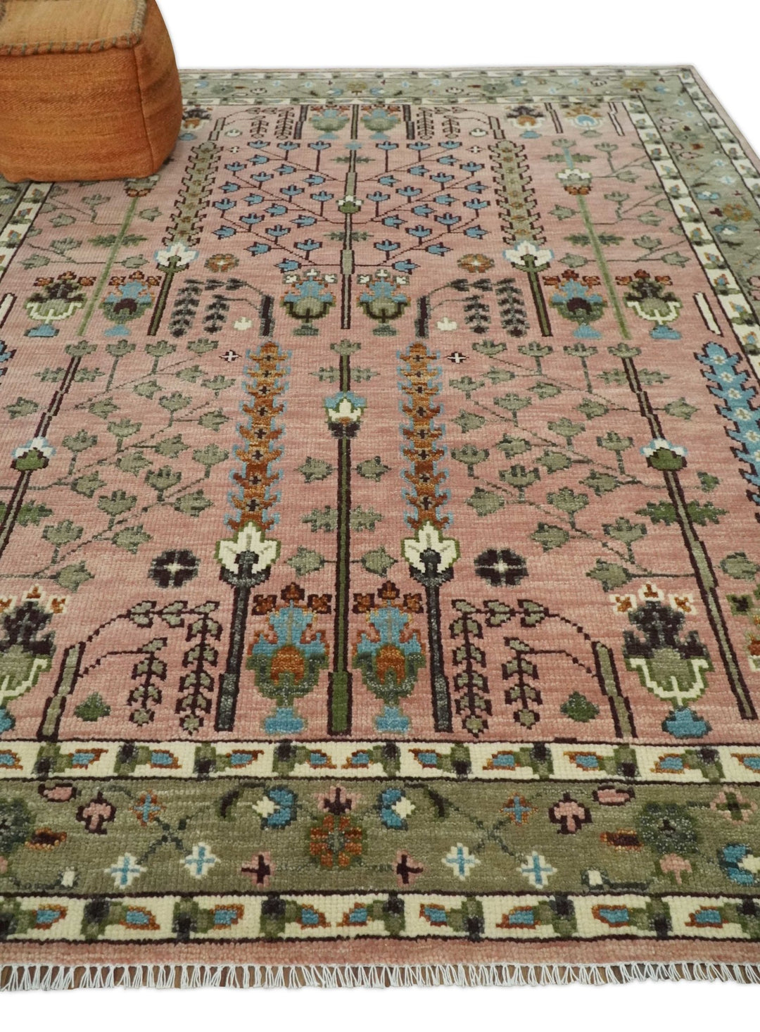 Ready to Ship Pink, Olive and Beige Traditional Vintage Style Tree Wool Rug - The Rug Decor