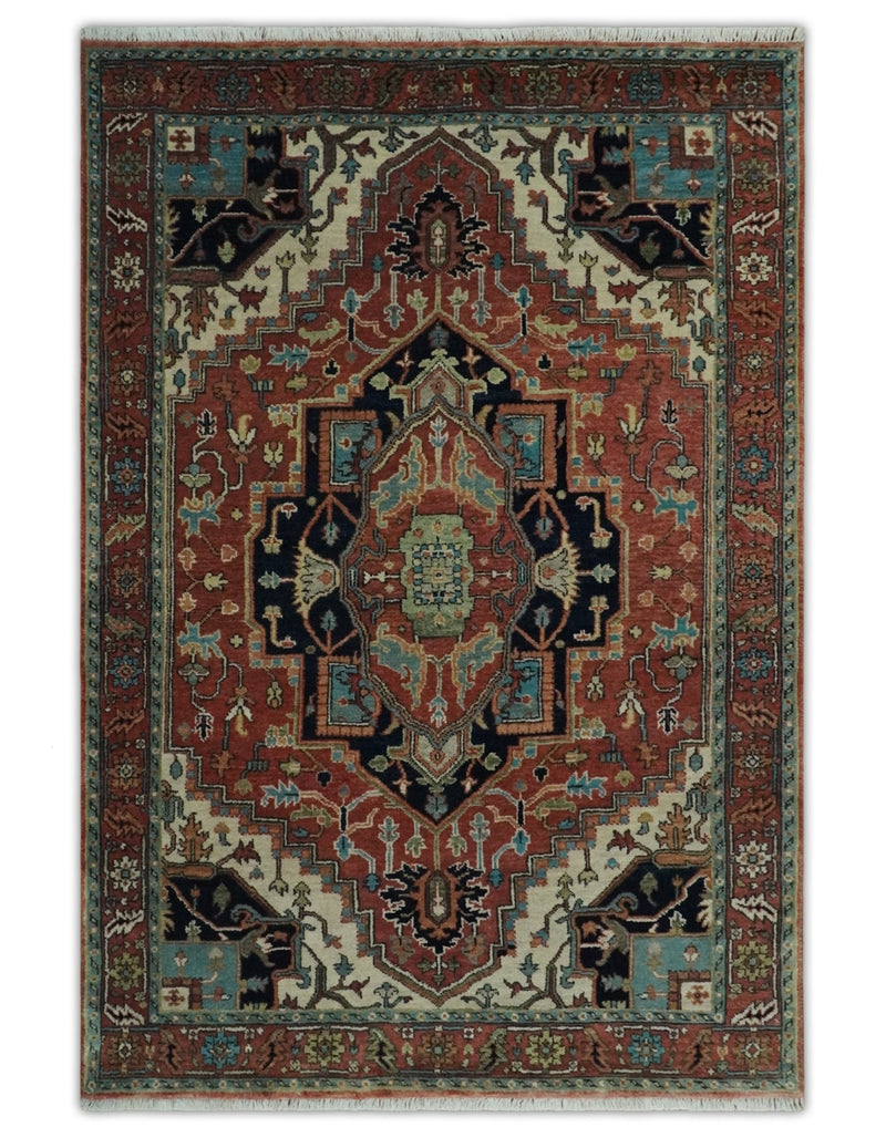 Ready to Ship Rust, Black and Ivory Hand Knotted Traditional Wool Rug - The Rug Decor