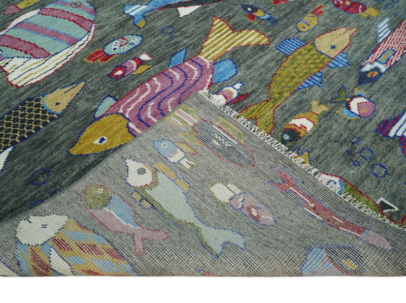 Ready to Ship The Sea Life Fish Rug 8x10 Hand Knotted Gray Wool Rug - The Rug Decor