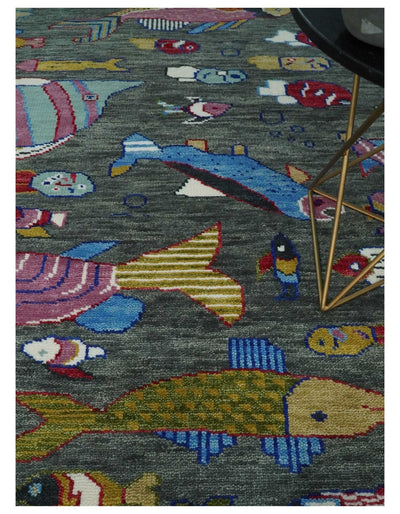 Ready to Ship The Sea Life Fish Rug 8x10 Hand Knotted Gray Wool Rug - The Rug Decor