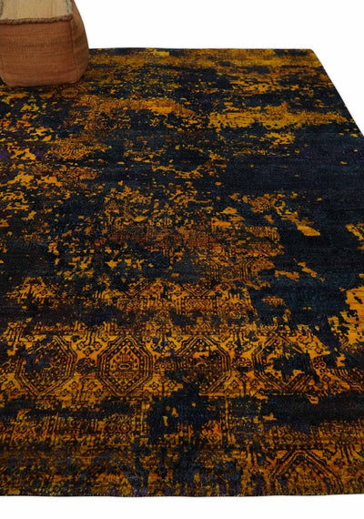 Recycled Silk 8x10 Charcoal and yellow Modern Abstract Handmade Area Rug - The Rug Decor