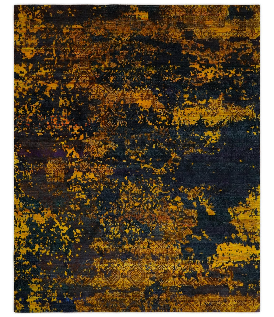 Recycled Silk 8x10 Charcoal and yellow Modern Abstract Handmade Area Rug - The Rug Decor
