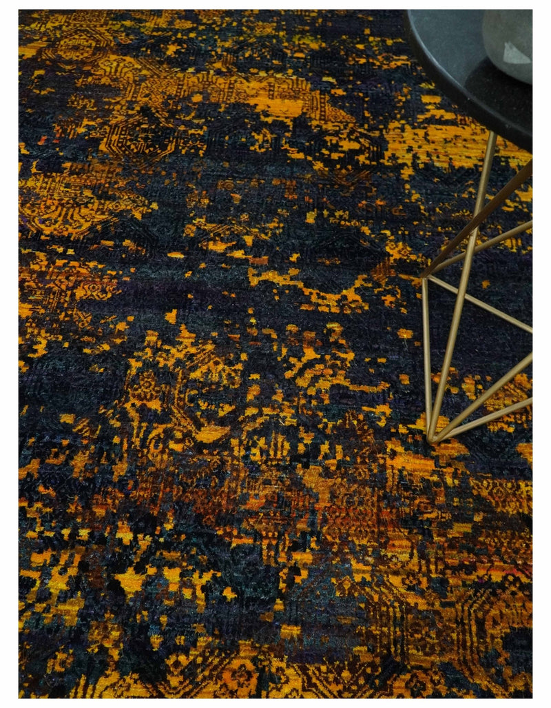 Recycled Silk 8x10 Charcoal and yellow Modern Abstract Handmade Area Rug - The Rug Decor