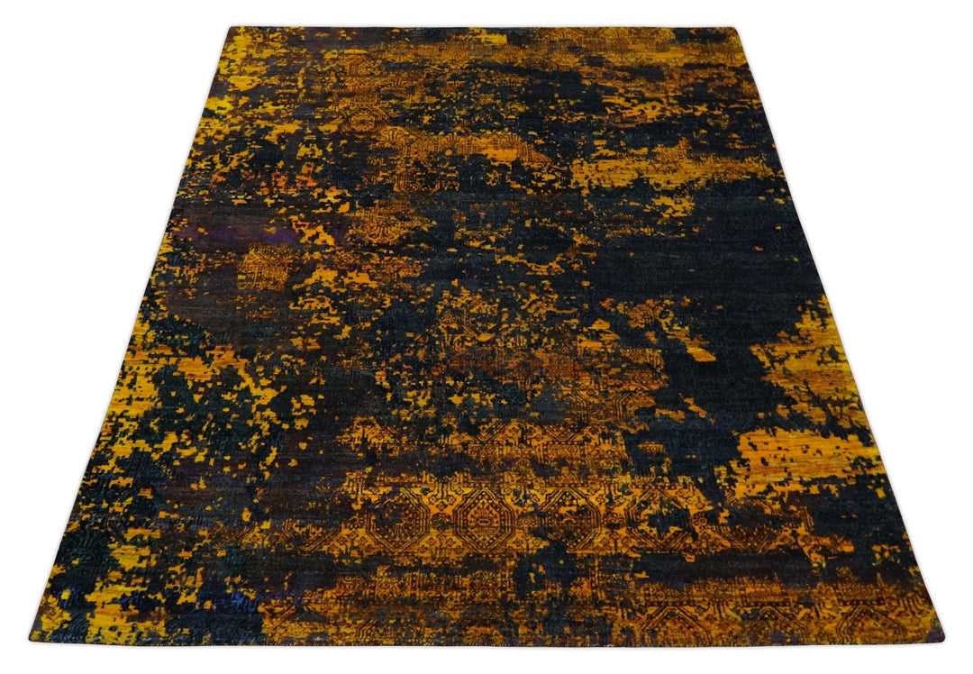 Recycled Silk 8x10 Charcoal and yellow Modern Abstract Handmade Area Rug - The Rug Decor