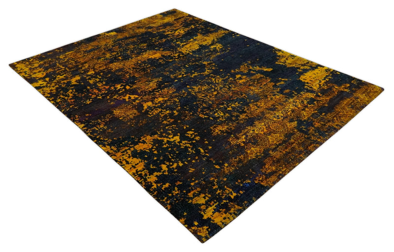 Recycled Silk 8x10 Charcoal and yellow Modern Abstract Handmade Area Rug - The Rug Decor
