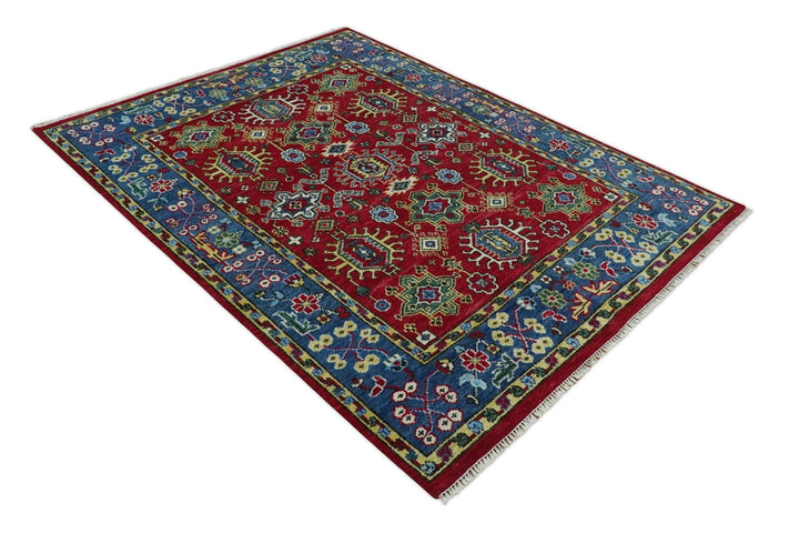 Red and Blue Antique Turkish Kashgar 5x8, 6x9, 8x10, 9x12, 10x14 and 12x15 Hand Knotted Red and Blue Traditional Vintage Persian Wool Rug | TRDCP813 - The Rug Decor