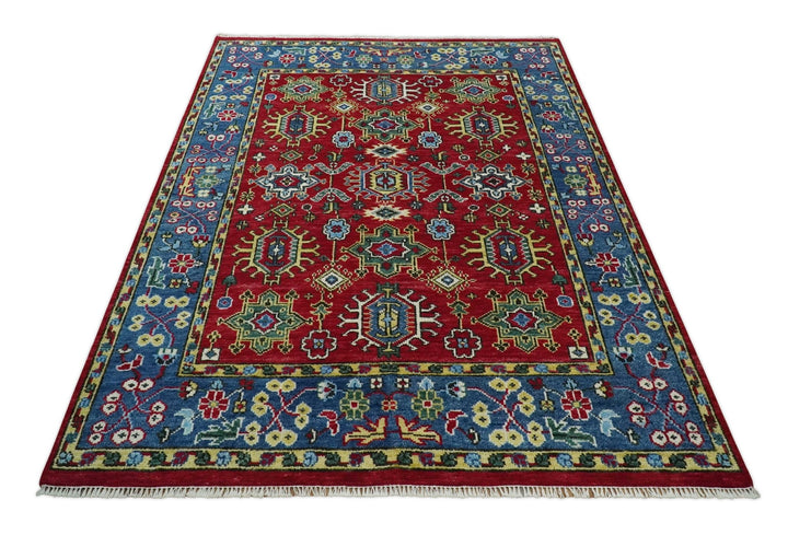 Red and Blue Antique Turkish Kashgar 5x8, 6x9, 8x10, 9x12, 10x14 and 12x15 Hand Knotted Red and Blue Traditional Vintage Persian Wool Rug | TRDCP813 - The Rug Decor