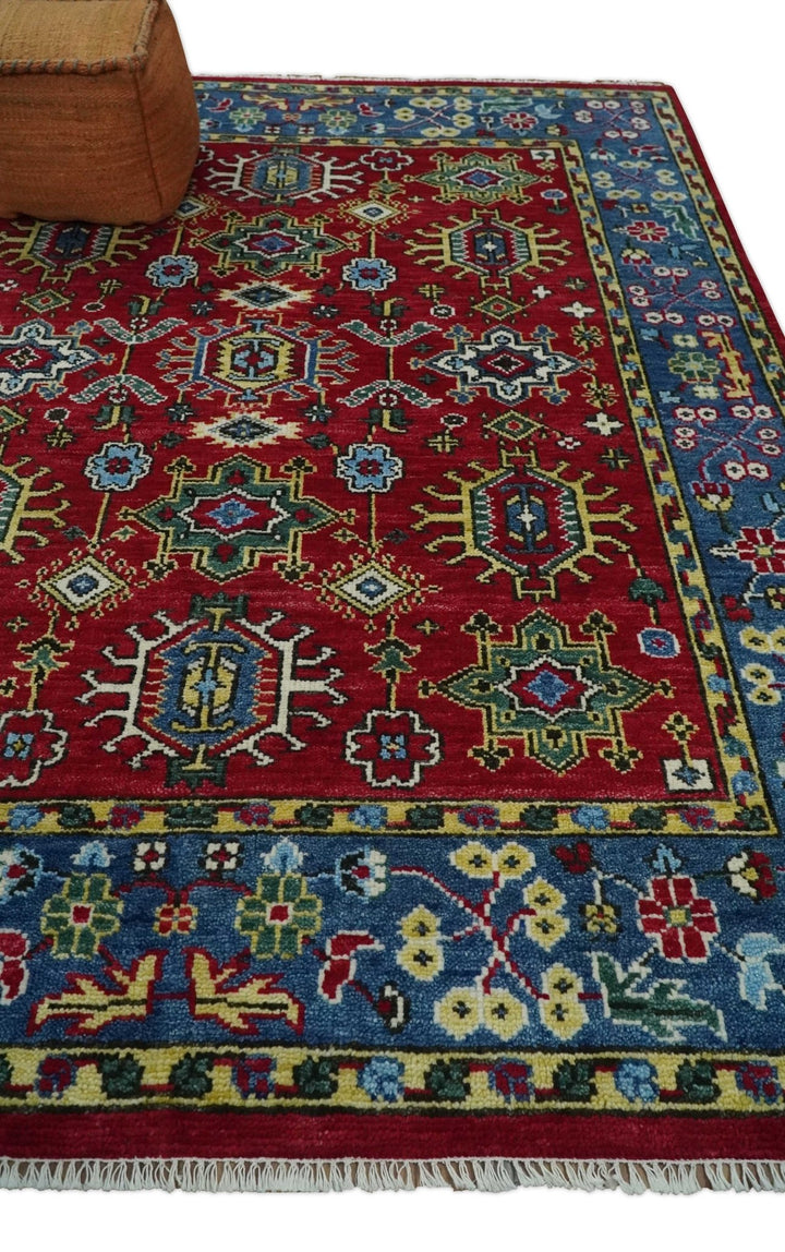 Red and Blue Antique Turkish Kashgar 5x8, 6x9, 8x10, 9x12, 10x14 and 12x15 Hand Knotted Red and Blue Traditional Vintage Persian Wool Rug | TRDCP813 - The Rug Decor