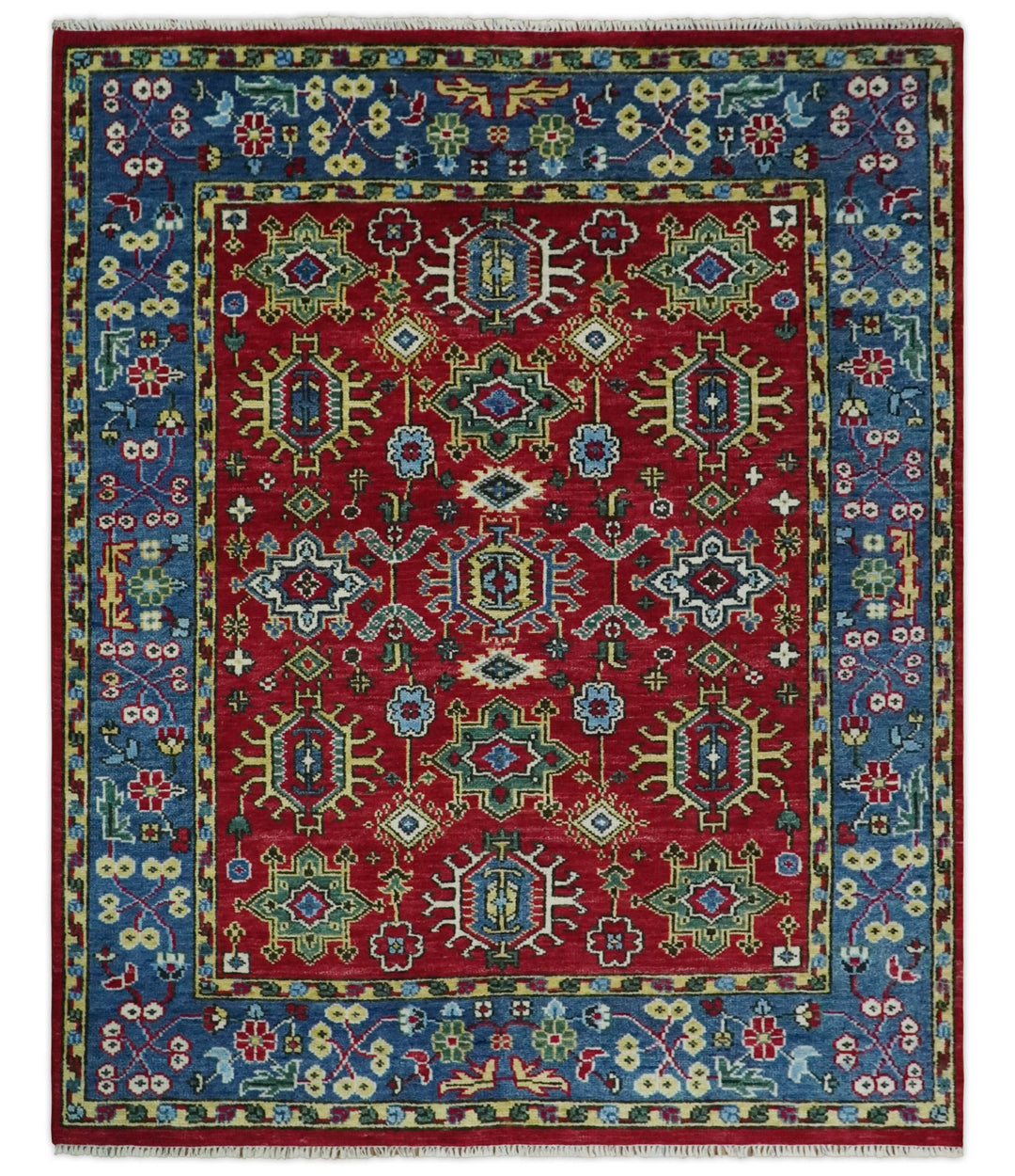 Red and Blue Antique Turkish Kashgar 5x8, 6x9, 8x10, 9x12, 10x14 and 12x15 Hand Knotted Red and Blue Traditional Vintage Persian Wool Rug | TRDCP813 - The Rug Decor