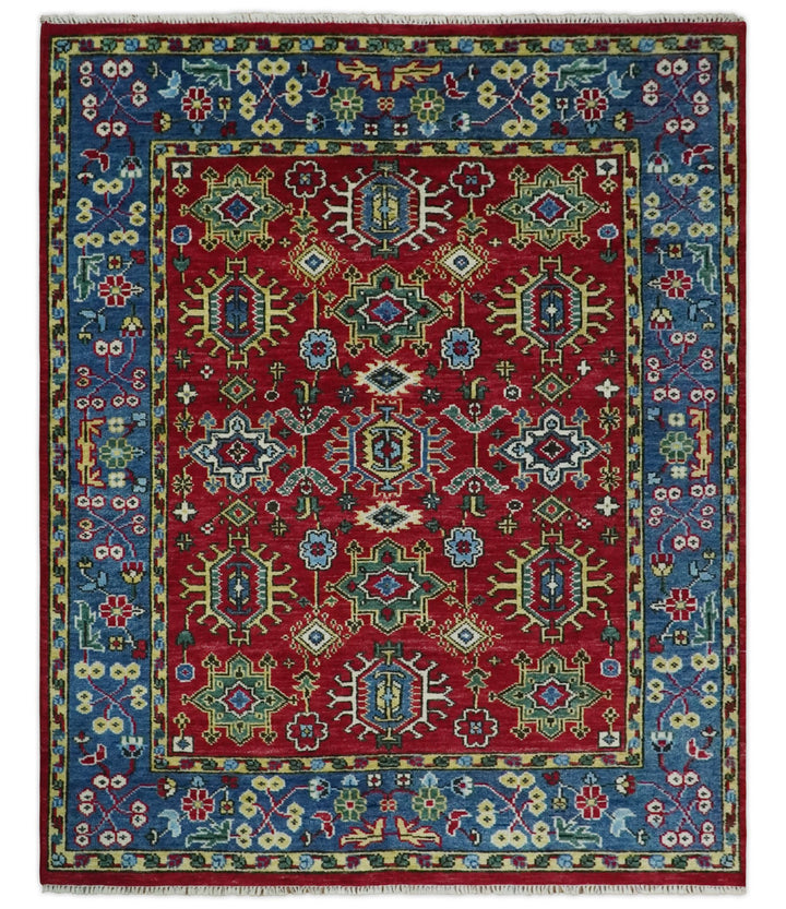 Red and Blue Antique Turkish Kashgar 5x8, 6x9, 8x10, 9x12, 10x14 and 12x15 Hand Knotted Red and Blue Traditional Vintage Persian Wool Rug | TRDCP813 - The Rug Decor