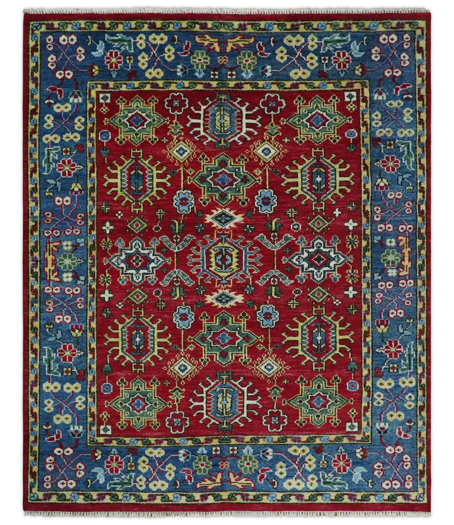 Red and Blue Antique Turkish Kashgar 5x8, 6x9, 8x10, 9x12, 10x14 and 12x15 Hand Knotted Red and Blue Traditional Vintage Persian Wool Rug | TRDCP813 - The Rug Decor
