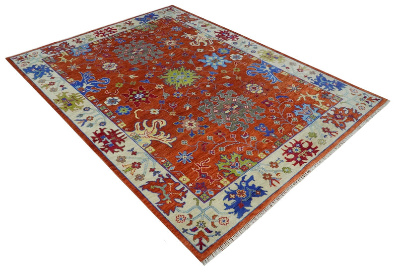 Red and Ivory Vibrant colorful Hand knotted Traditional Oushak 9x12 Wool Area Rug - The Rug Decor