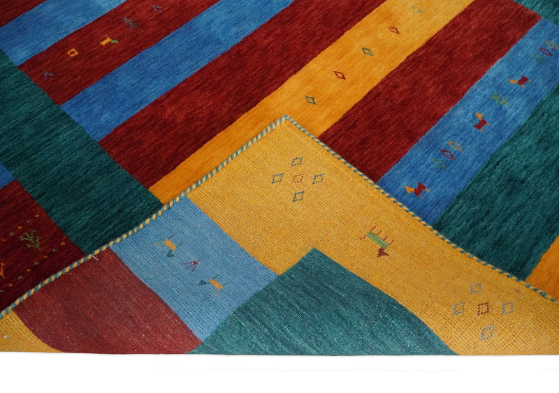 Red, Blue, Yellow and Green Striped Wool Hand Woven Southwestern Lori Gabbeh Rug| KNT17 - The Rug Decor