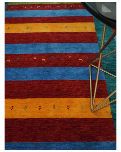 Red, Blue, Yellow and Green Striped Wool Hand Woven Southwestern Lori Gabbeh Rug| KNT17 - The Rug Decor