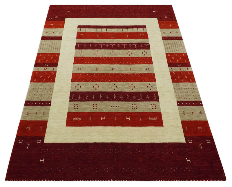 Red, Maroon and Beige Striped Wool Hand Woven Southwestern Lori Gabbeh Rug| KNT26 - The Rug Decor
