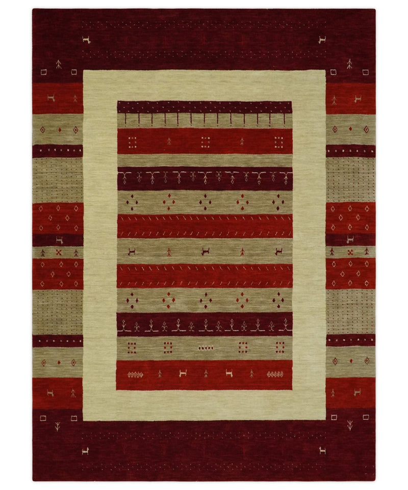 Red, Maroon and Beige Striped Wool Hand Woven Southwestern Lori Gabbeh Rug| KNT26 - The Rug Decor