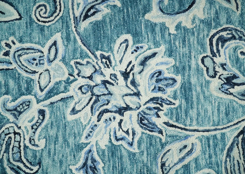 Round 3x3, 4x4, 5x5, 6x6, 8x8, 9x9 Feet Aqua, Ivory and Blue Hand Tufted Floral Farmhouse Wool Area Rug | TRDMA199 - The Rug Decor