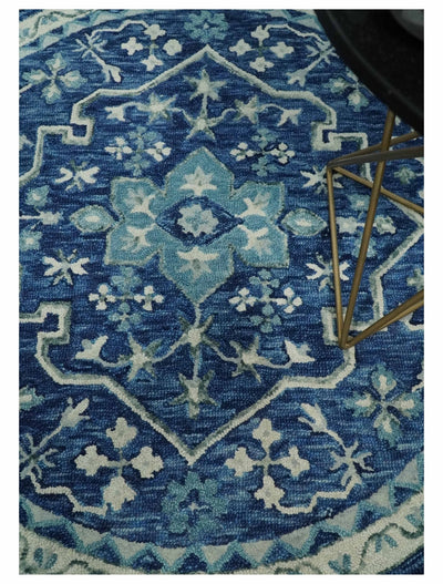 Round 3x3, 4x4, 5x5, 6x6, 8x8, 9x9 Feet Blue, Aqua and Ivory Heriz Hand Tufted Farmhouse Wool Area Rug | TRDMA197 - The Rug Decor