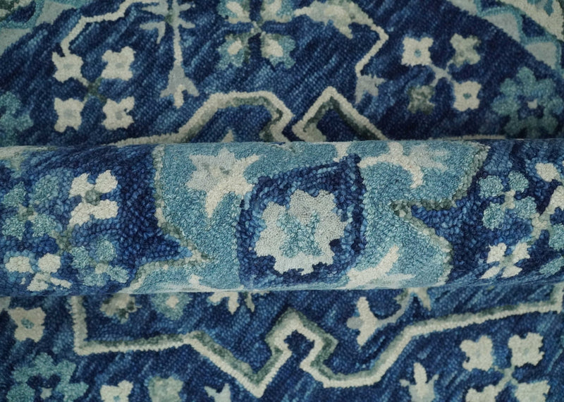 Round 3x3, 4x4, 5x5, 6x6, 8x8, 9x9 Feet Blue, Aqua and Ivory Heriz Hand Tufted Farmhouse Wool Area Rug | TRDMA197 - The Rug Decor