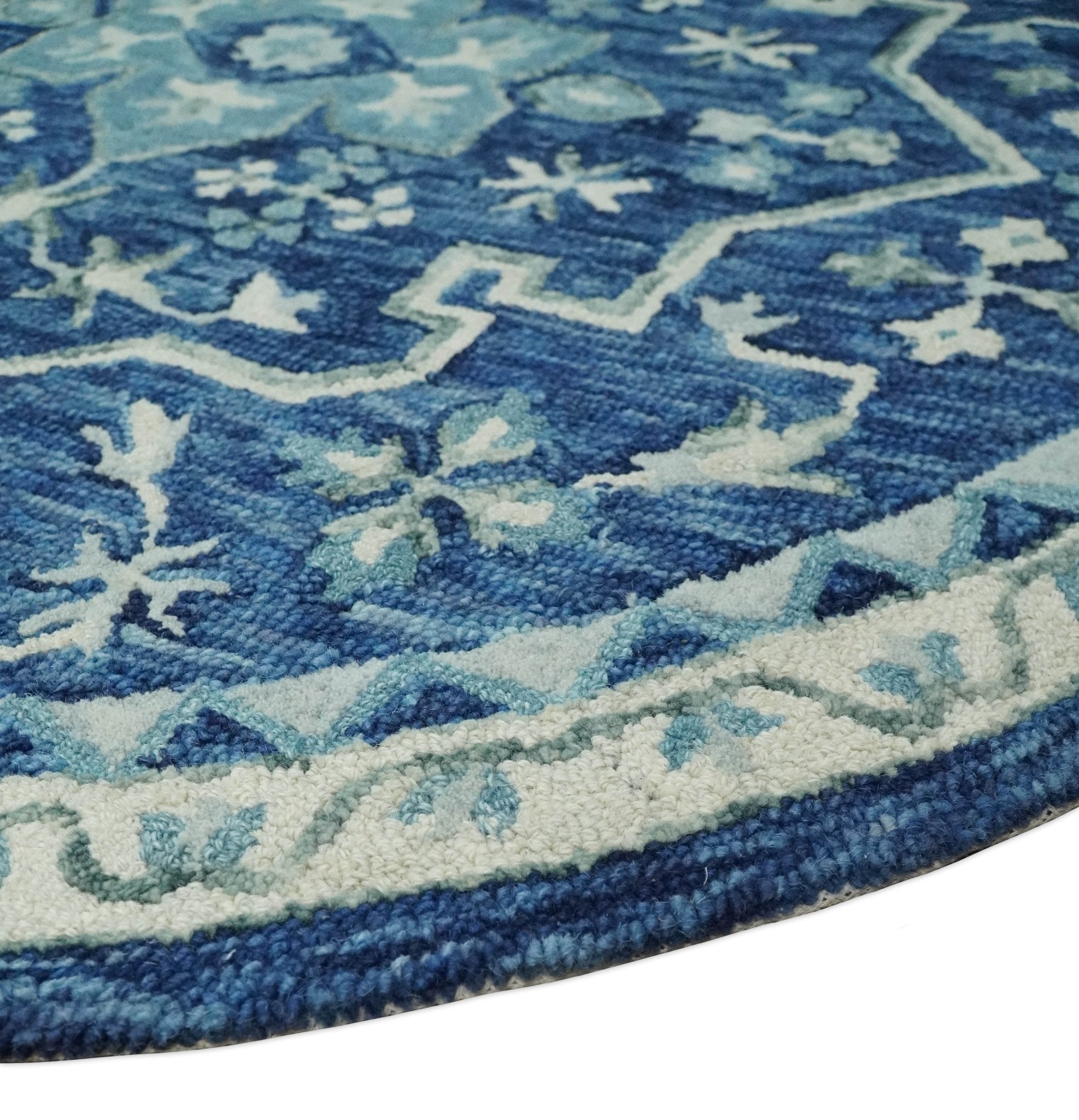 Round 3x3, 4x4, 5x5, 6x6, 8x8, 9x9 Feet Blue, Aqua and Ivory Heriz Hand  Tufted Floral Wool Rug