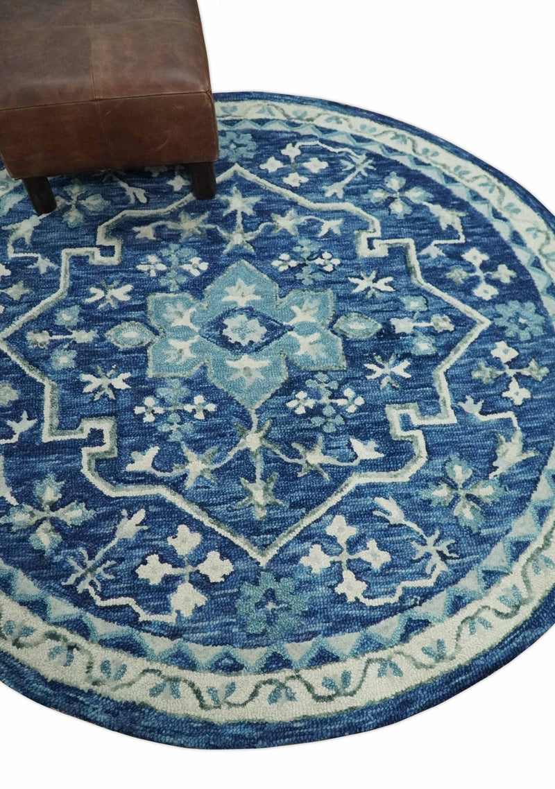 Multi size Round Blue Aqua and Ivory Heriz Hand Tufted Floral Wool Rug –  The Rug Decor
