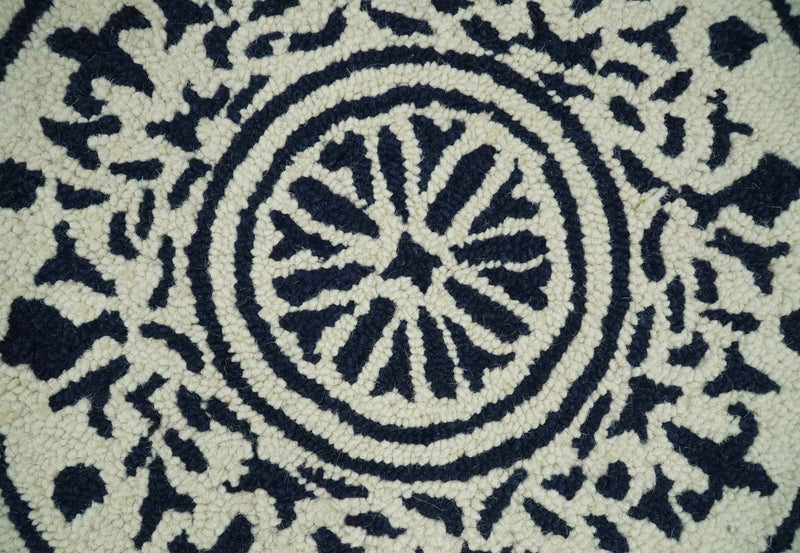 Round 3x3, 4x4, 5x5, 6x6, 8x8, 9x9 Feet Ivory and Black Hand Tufted Floral Farmhouse Wool Area Rug - The Rug Decor