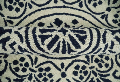 Round 3x3, 4x4, 5x5, 6x6, 8x8, 9x9 Feet Ivory and Black Hand Tufted Floral Farmhouse Wool Area Rug - The Rug Decor