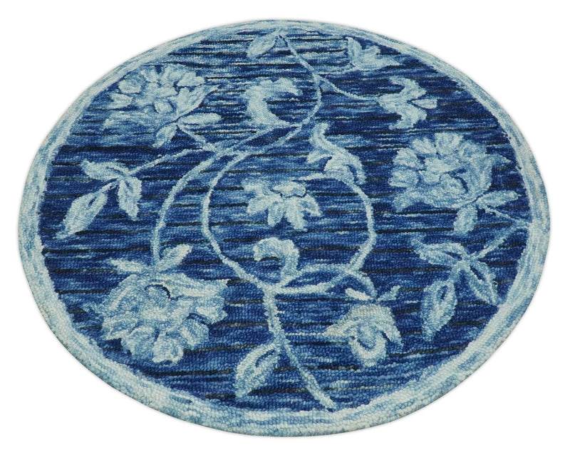 Round 3x3, 4x4, 5x5, 6x6, 8x8, 9x9 Feet Ivory and Blue Hand Tufted Floral Farmhouse Wool Area Rug | TRDMA166 - The Rug Decor