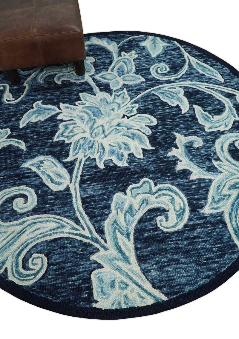 Round 3x3, 4x4, 5x5, 6x6, 8x8, 9x9 Feet Ivory and Blue Hand Tufted Floral Farmhouse Wool Area Rug | TRDMA200 - The Rug Decor