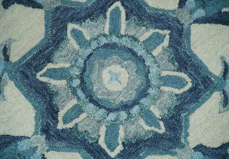 Round 3x3, 4x4, 5x5, 6x6, 8x8, 9x9 Feet Ivory, Aqua and Blue Hand Tufted Heriz Floral Farmhouse Wool Area Rug | TRDMA171 - The Rug Decor