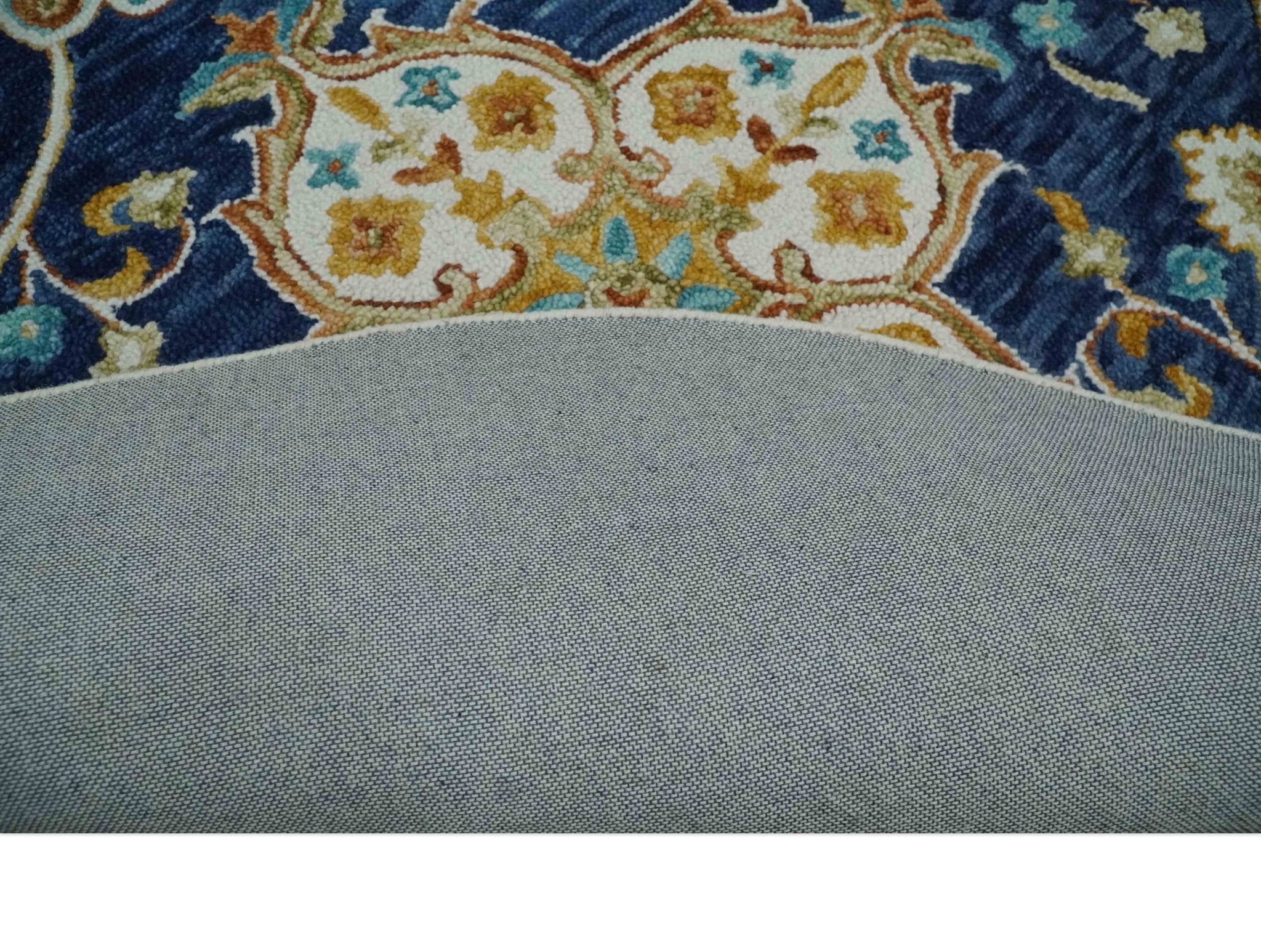 Ivory, Blue and Gold Heriz Hand Tufted Farmhouse Wool Area Rug