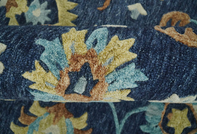 Round 7x7 Feet Gold and Blue Hand Tufted Floral Farmhouse Wool Area Rug | TRDMA5 - The Rug Decor
