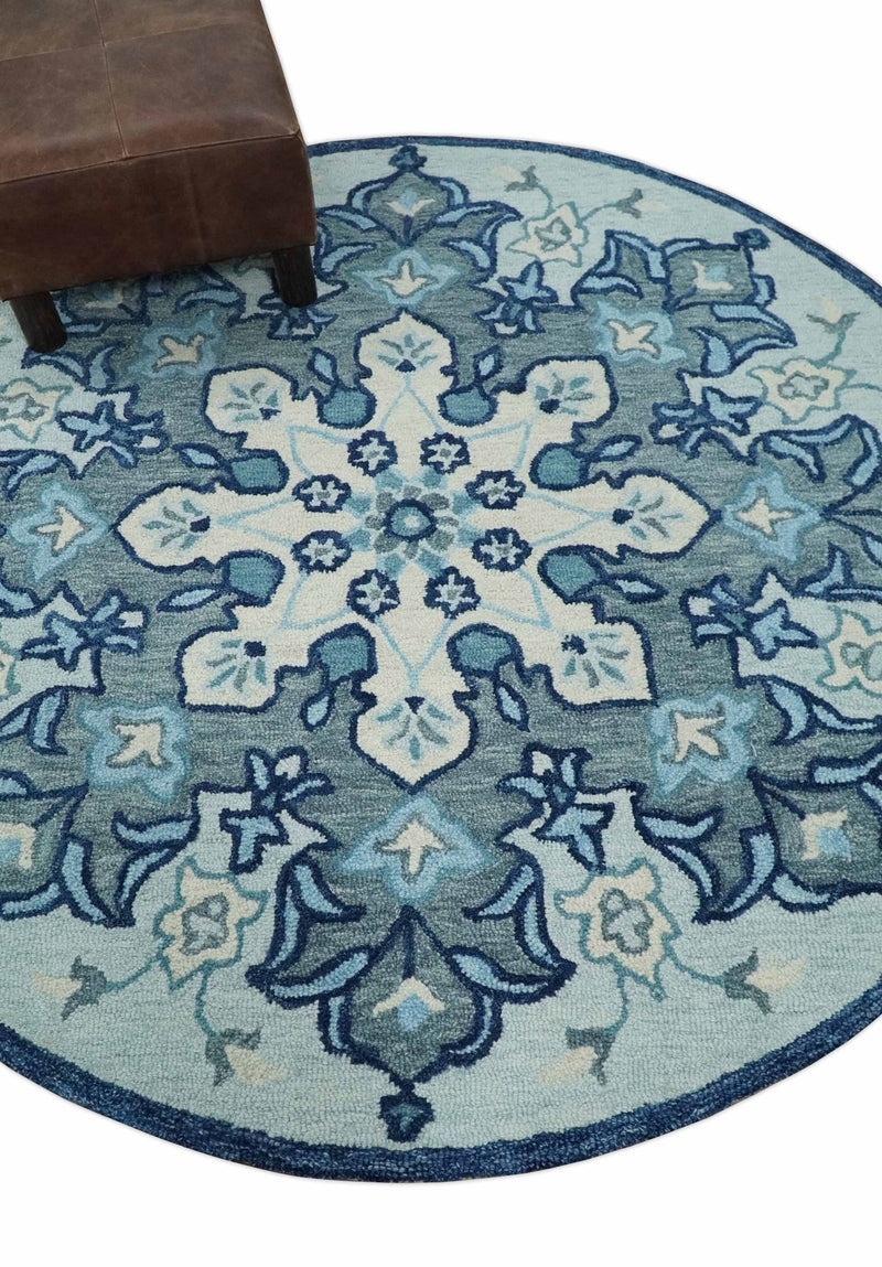 Round Blue and Gray Hand Hooked Medallion Wool Area Rug – The Rug Decor