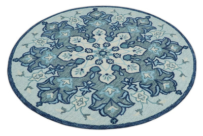 Round Blue and Gray Hand Hooked Medallion Wool Area Rug - The Rug Decor