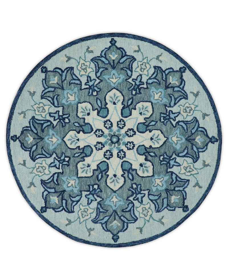 Round Blue and Gray Hand Hooked Medallion Wool Area Rug - The Rug Decor
