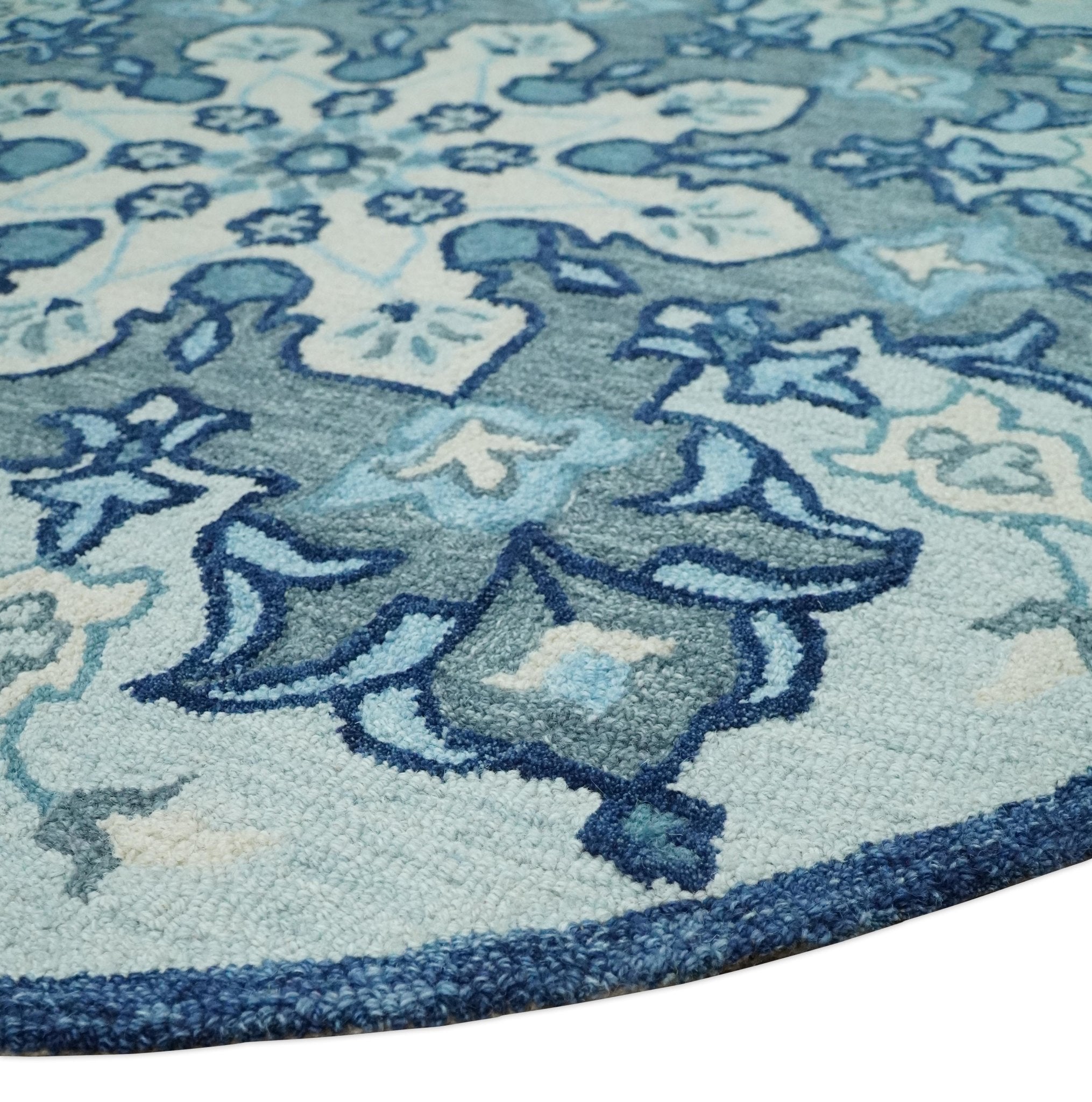 Round Blue and Gray Hand Hooked Medallion Wool Area Rug