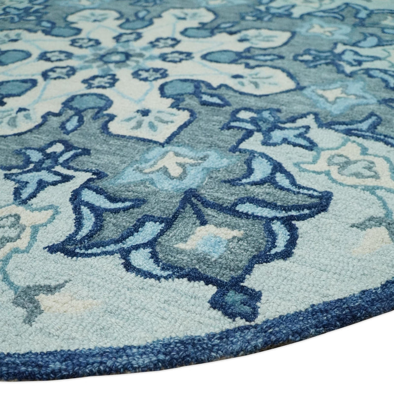 Round Blue and Gray Hand Hooked Medallion Wool Area Rug – The Rug