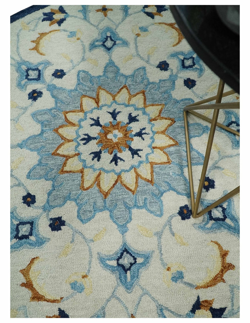 Round Hand Hooked Medallion Ivory and Blue Wool Area Rug - The Rug Decor