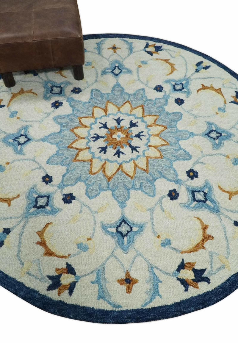 Round Hand Hooked Medallion Ivory and Blue Wool Area Rug – The Rug