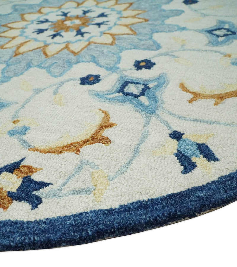 Round Hand Hooked Medallion Ivory and Blue Wool Area Rug - The Rug Decor