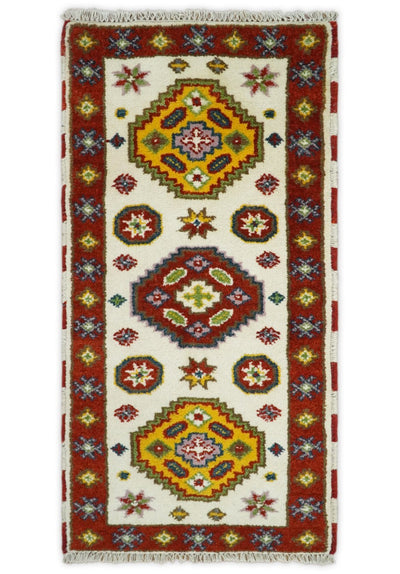 Runner 2x4 Ivory and Red Wool Hand Knotted traditional Persian Vintage Antique Southwestern Kazak | TRDCP29524 - The Rug Decor
