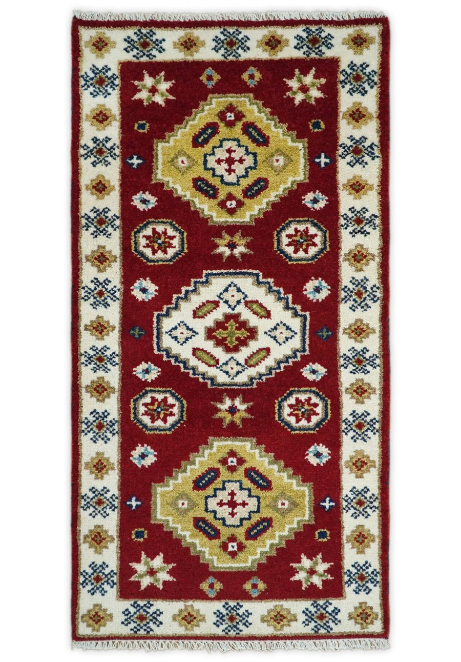 Runner 2x4 Red and Ivory Wool Hand Knotted traditional Persian Vintage Southwestern Kazak | TRDCP29824 - The Rug Decor