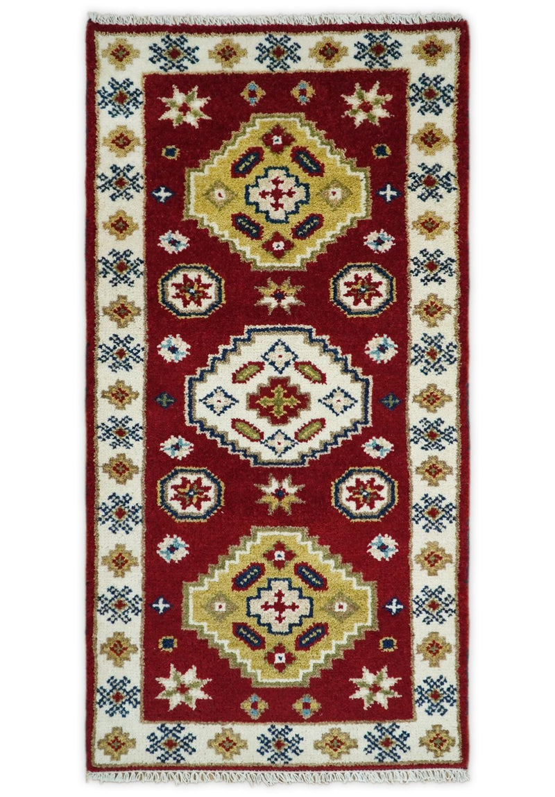 Runner 2x4 Red and Ivory Wool Hand Knotted traditional Persian Vintage Southwestern Kazak | TRDCP29824 - The Rug Decor