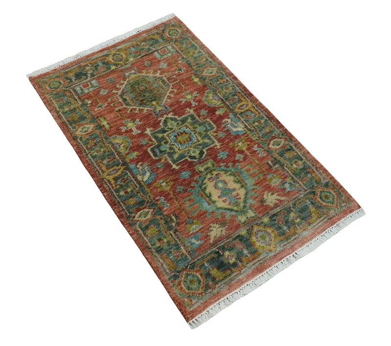 Rust and Green Hand Knotted Antique 2x3 Traditional Wool Rug - The Rug Decor