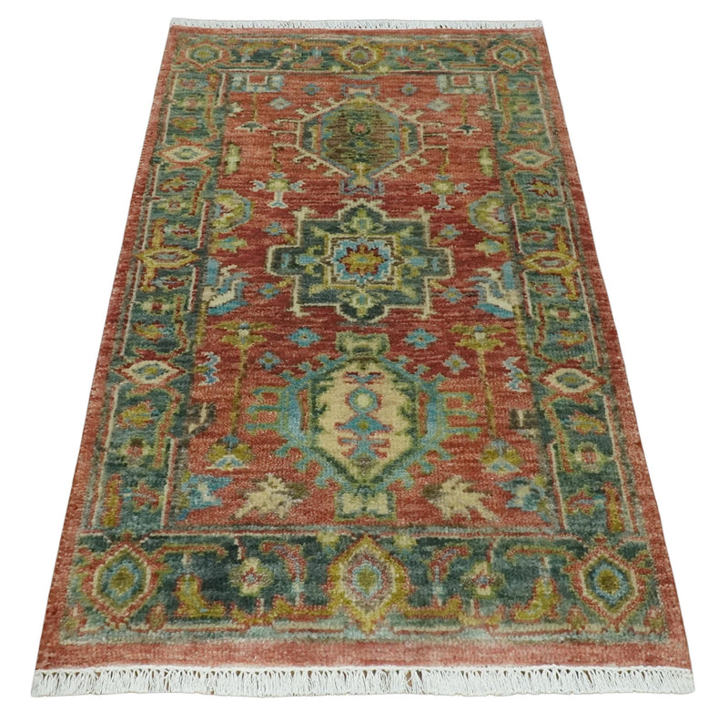 Rust and Green Hand Knotted Antique 2x3 Traditional Wool Rug - The Rug Decor