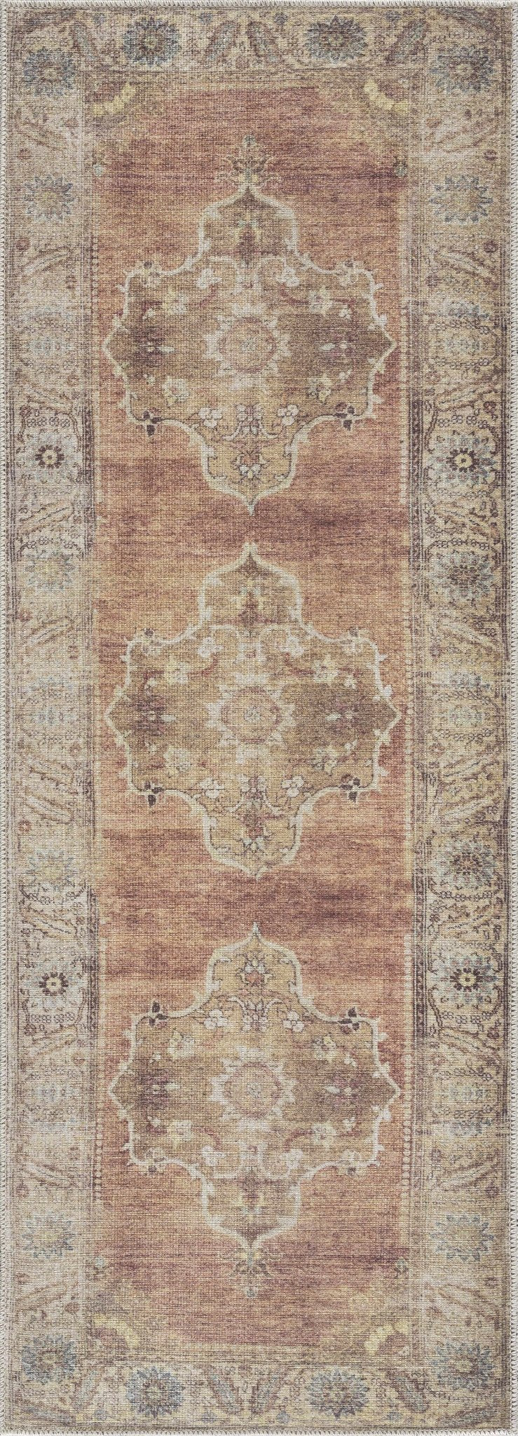 Rust, Beige, Brown and Charcoal vintage Style Medallion design Machine washable Rug - The Rug Decor