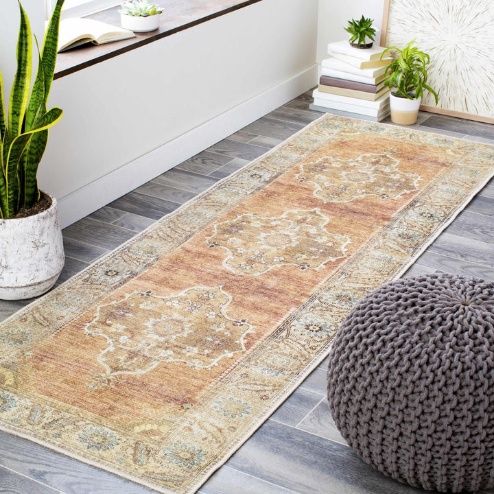 Rust, Beige, Brown and Charcoal vintage Style Medallion design Machine washable Rug - The Rug Decor